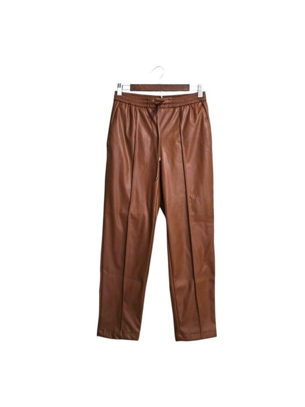 Nine West Mid-Rise Pull-On Faux-Leather Joggers In Maple Brown Sz XS